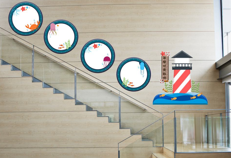 全套清新卡通场景楼梯文化墙学校走廊文化墙设计图片